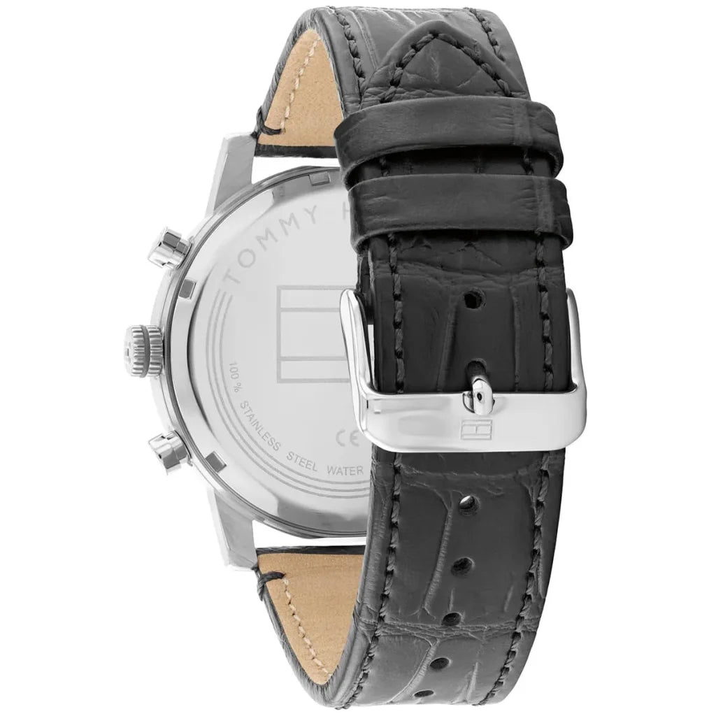 Profile view of Tommy Hilfiger Sullivan showing case thickness and black leather strap
