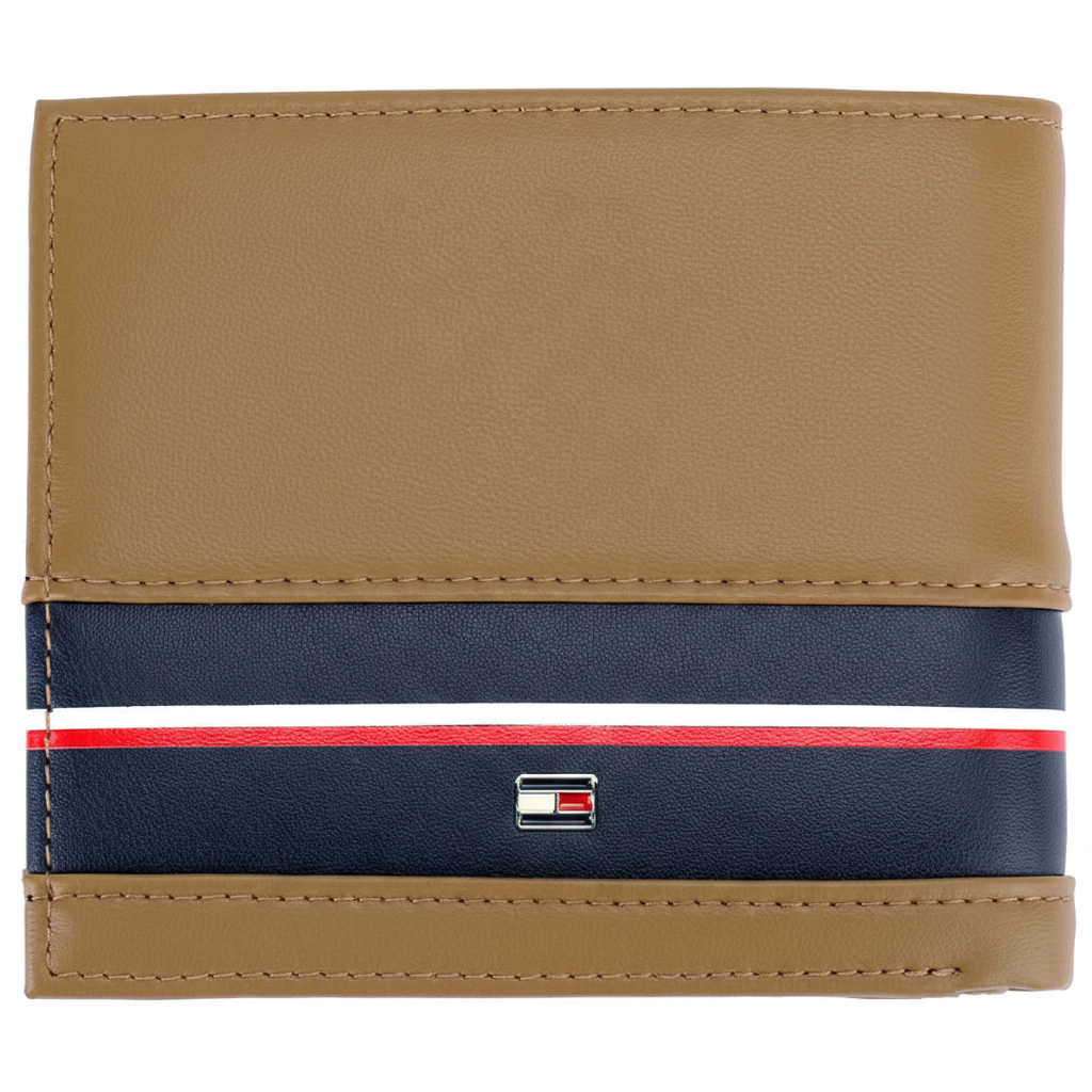 Rear view of the Tommy Hilfiger tan genuine leather wallet highlighting the smooth texture and high-quality horizontal navy stripe