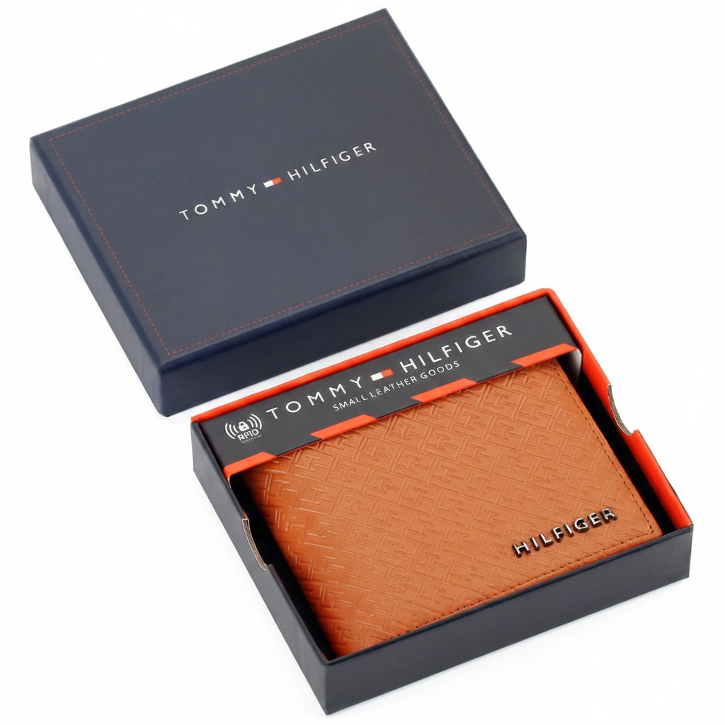 Tommy Hilfiger men's tan embossed leather wallet with monogram pattern presented inside its original navy blue branded gift box
