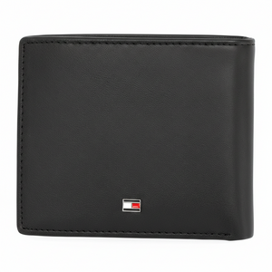 Rear perspective of the Tommy Hilfiger tan leather wallet showing the clean finish and a subtle silver-toned enamel flag logo emblem