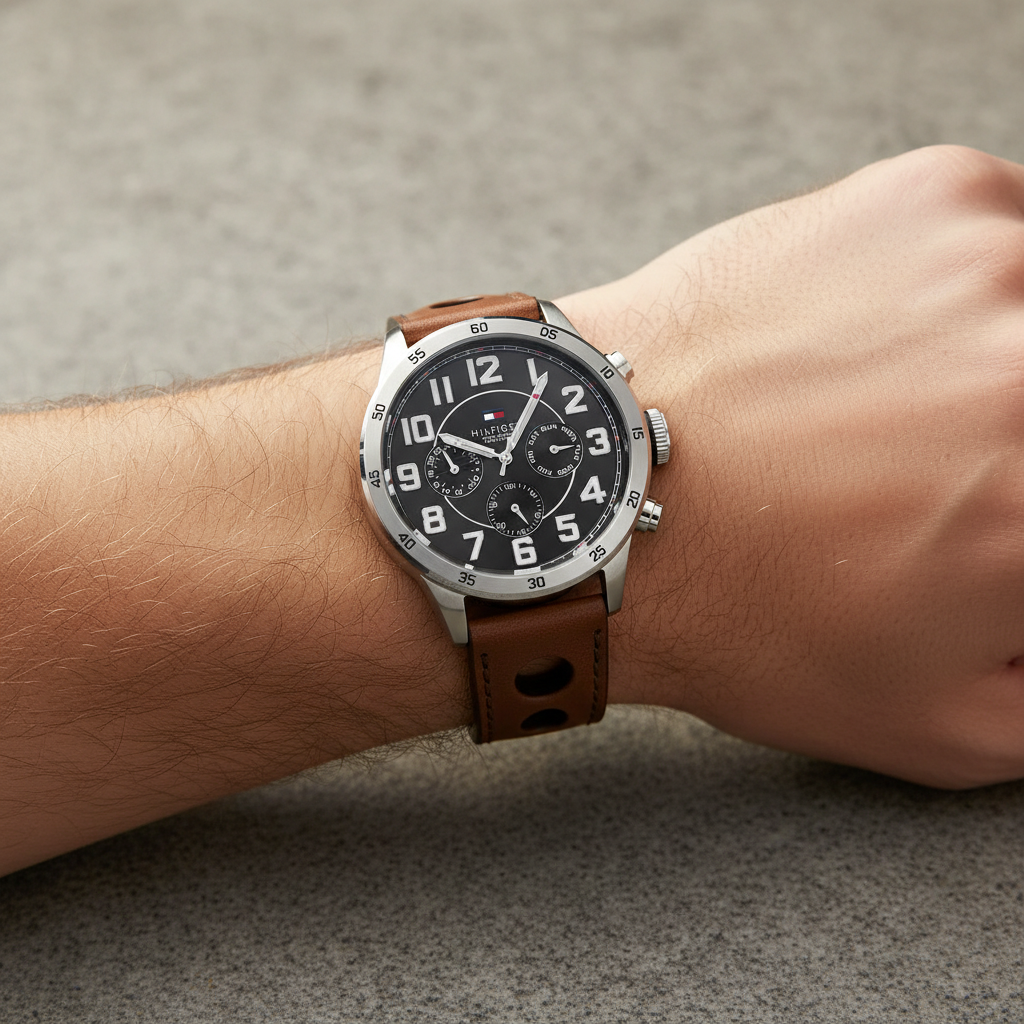 Close up of black dial and oversized white numerals of Tommy Hilfiger 1791049