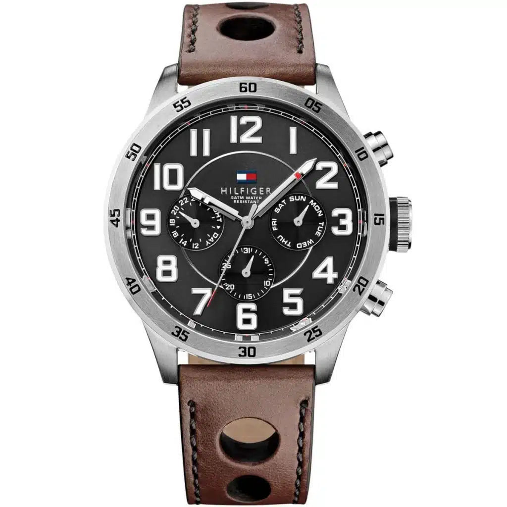 Tommy Hilfiger Trent 1791049 men's watch silver case brown perforated leather black dial