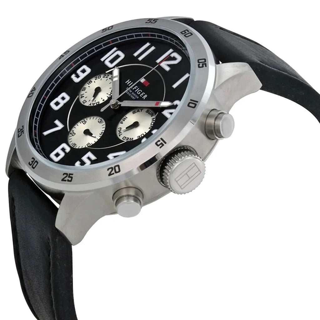 Angled shot highlighting the black genuine leather strap on Tommy Hilfiger 1791050