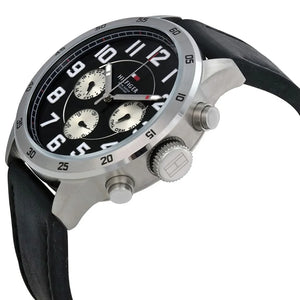 Angled shot highlighting the black genuine leather strap on Tommy Hilfiger 1791050