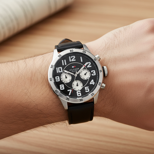 Close up of black dial and oversized white numerals of Tommy Hilfiger 1791050