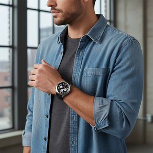 Man wearing bold Tommy Hilfiger Trent 1791050 watch with black leather strap