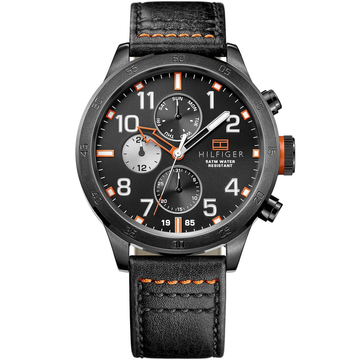 Tommy Hilfiger Trent 1791136 men's watch black case black leather strap orange accents