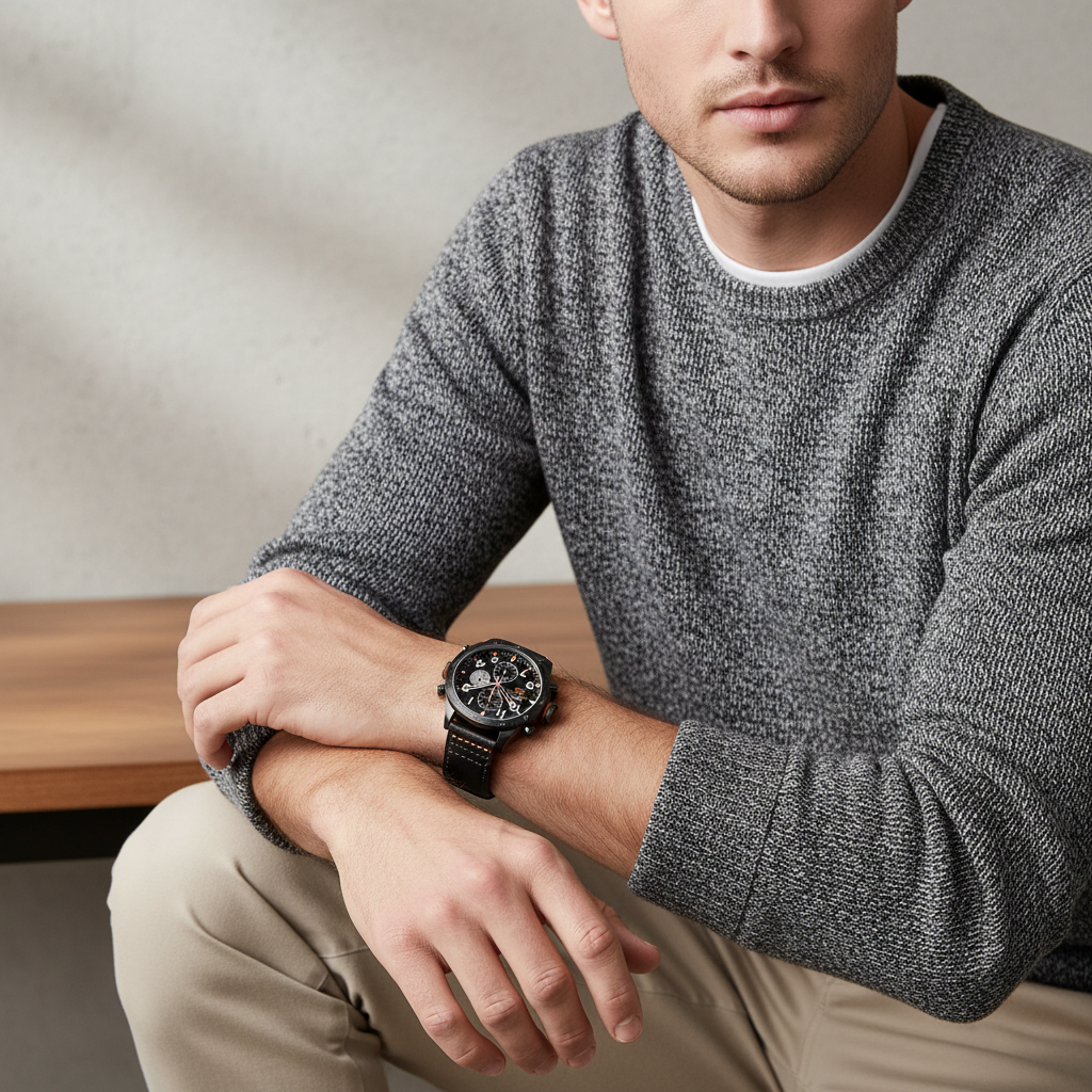 Man wearing bold and sporty Tommy Hilfiger Trent 1791136 watch with black leather strap