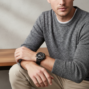 Man wearing bold and sporty Tommy Hilfiger Trent 1791136 watch with black leather strap