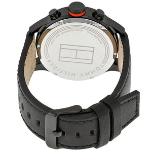 Right side view of Tommy Hilfiger 1791136 showing black stainless steel case and orange crown detail