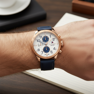 Close up of white dial and rose gold accents of Tommy Hilfiger 1791139