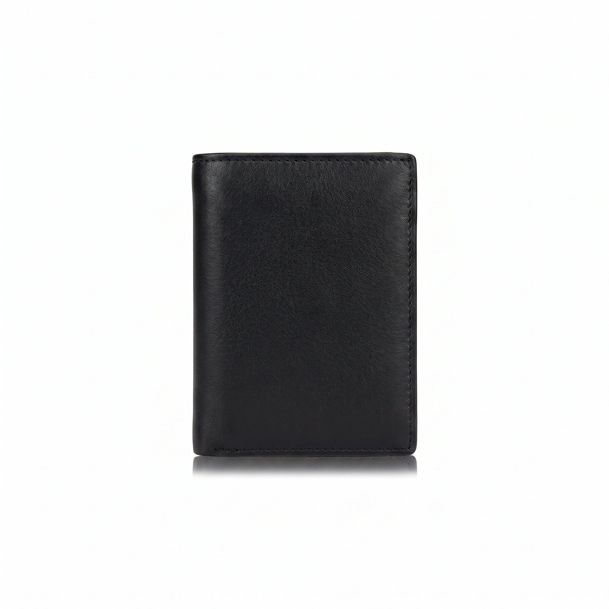 Professional angled studio photograph of the sleek Tommy Hilfiger mirror original black leather trifold wallet