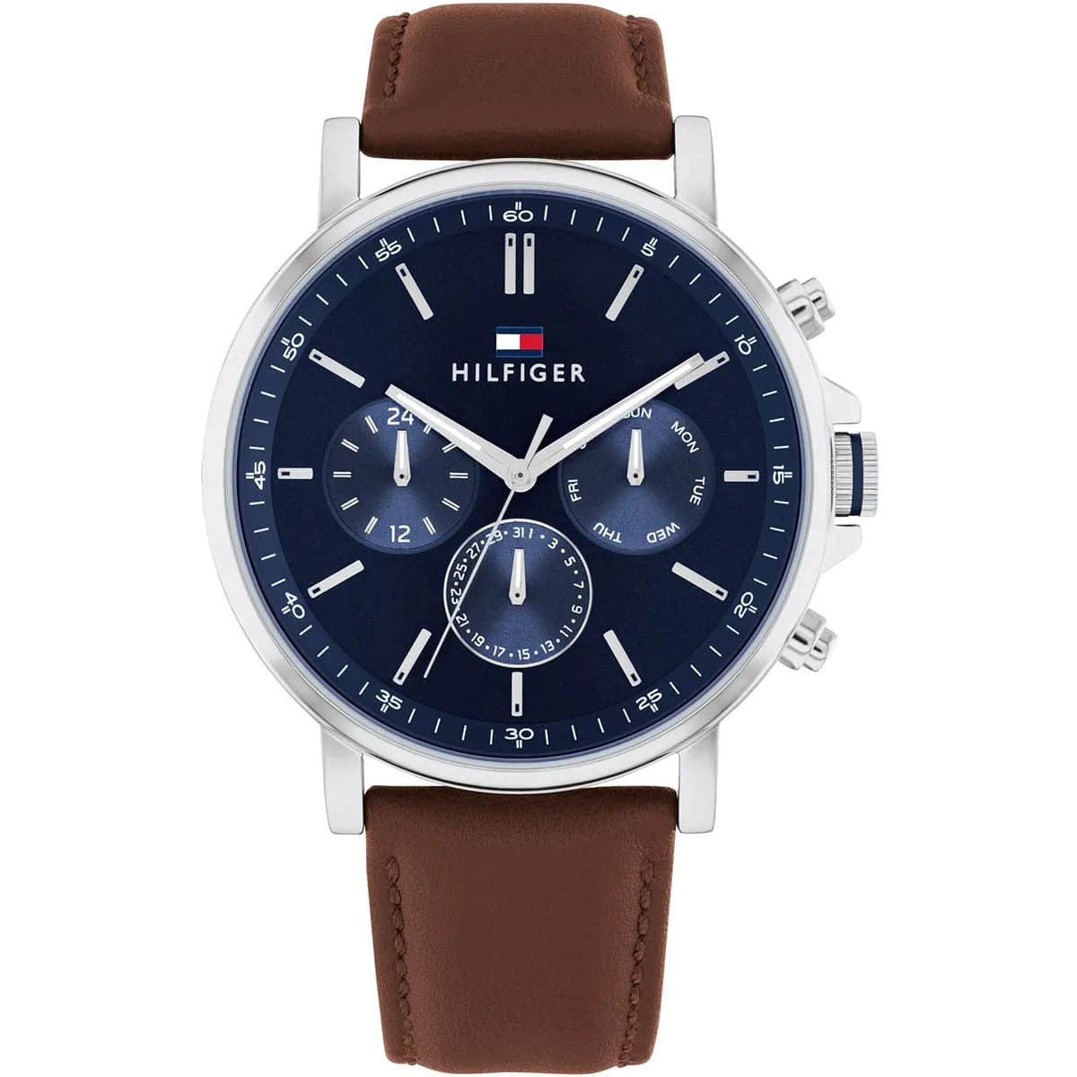 Tommy Hilfiger Tyson 1710585 men's watch silver case brown leather strap blue dial