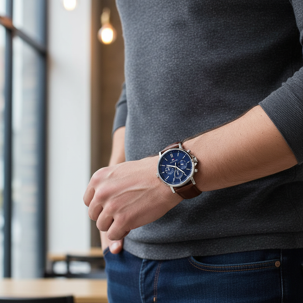 Man wearing classic Tommy Hilfiger Tyson 1710585 watch with brown leather strap