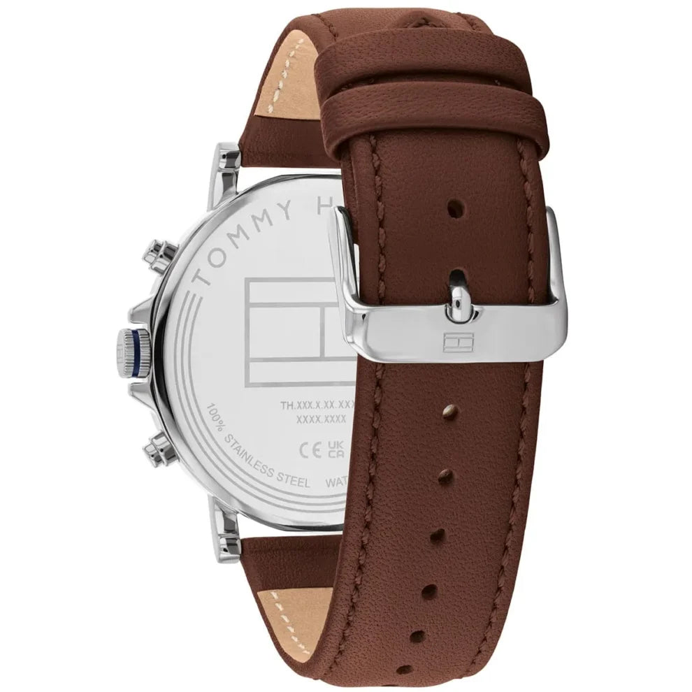 Profile view of Tommy Hilfiger Tyson showing case thickness and brown leather strap