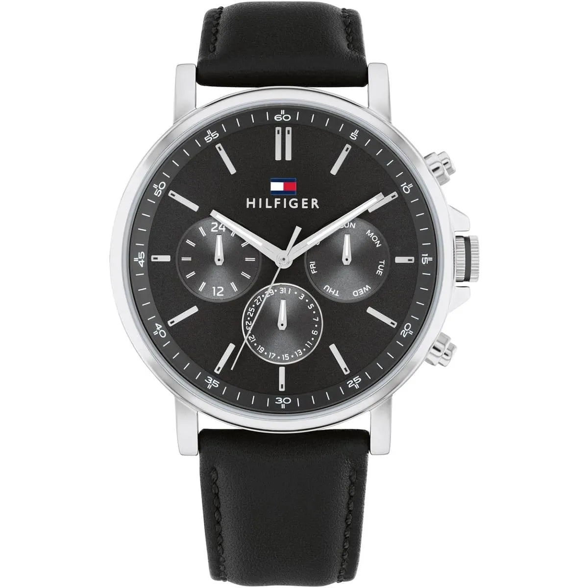 Tommy Hilfiger Tyson 1710586 men's watch silver case black leather strap black dial