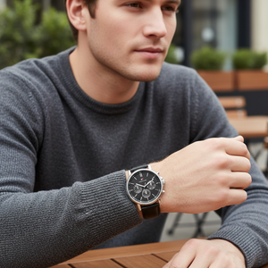 Man wearing classic Tommy Hilfiger Tyson 1710586 watch with black leather strap