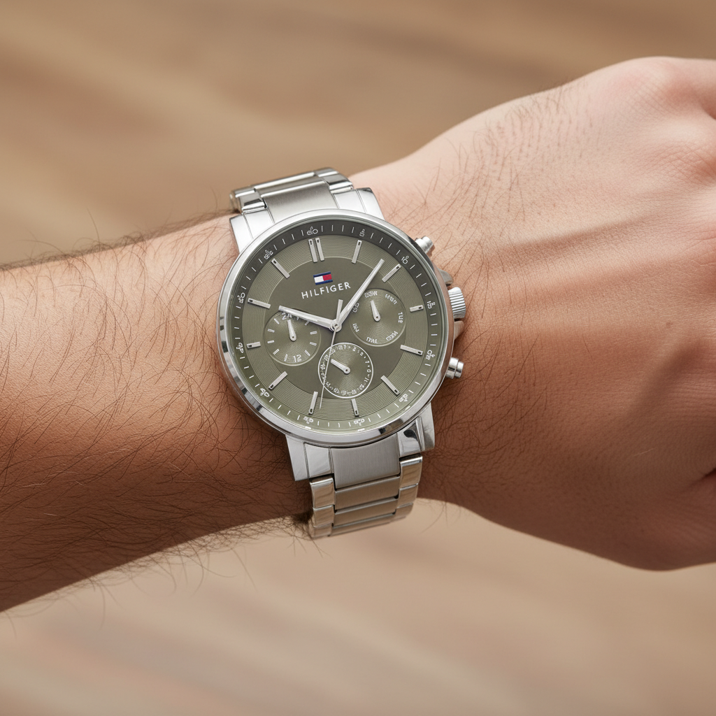 Close up of grey sunray dial and multi-function sub-dials of Tommy Hilfiger 1710587