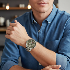 Man wearing classic Tommy Hilfiger Tyson 1710587 watch with silver steel bracelet