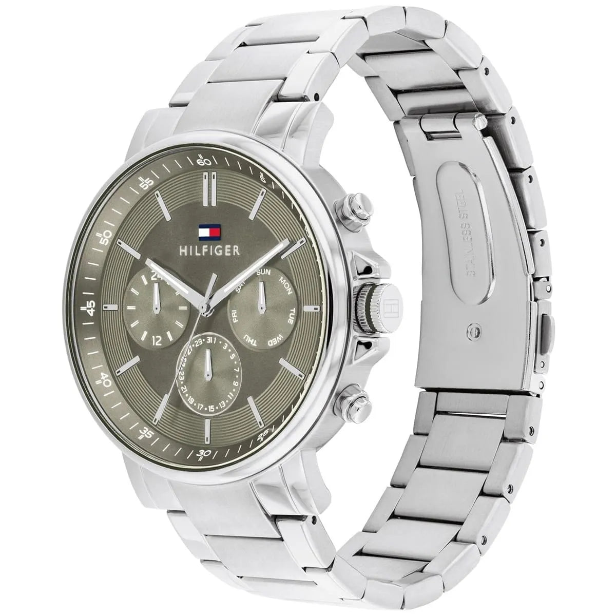 Right side view of Tommy Hilfiger 1710587 showing silver stainless steel case
