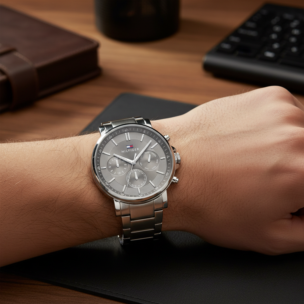 Close up of dark grey sunray dial and multi-function sub-dials of Tommy Hilfiger 1710604