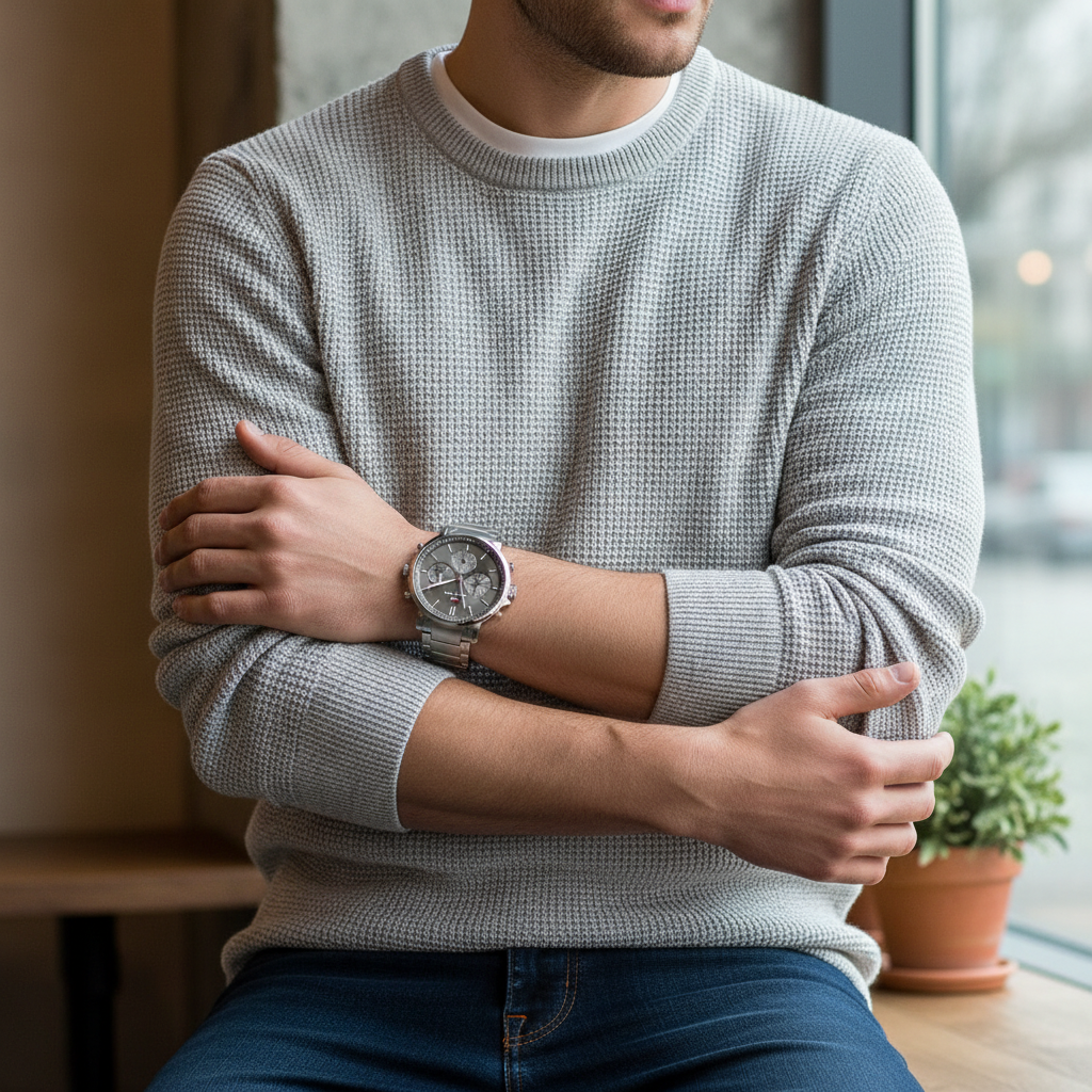 Man wearing classic Tommy Hilfiger Tyson 1710604 watch with silver steel bracelet