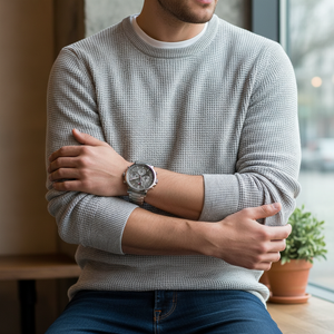 Man wearing classic Tommy Hilfiger Tyson 1710604 watch with silver steel bracelet