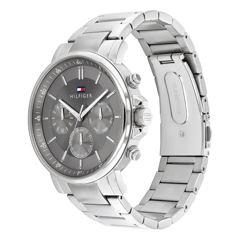 Right side view of Tommy Hilfiger 1710604 showing silver stainless steel case