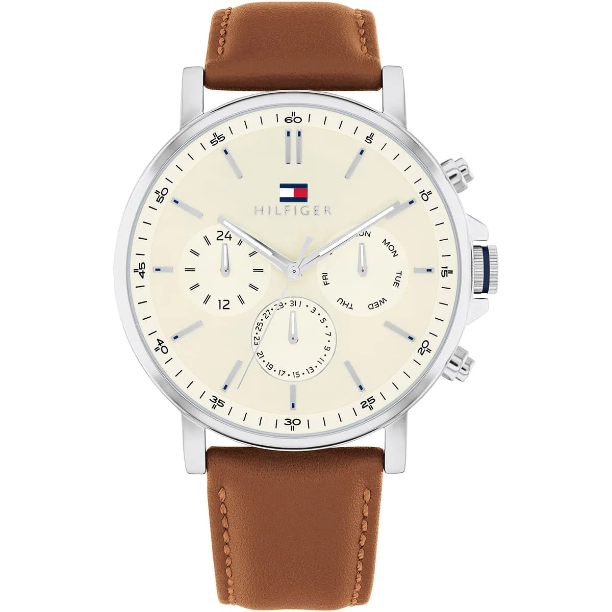 Tommy Hilfiger Tyson 1792143 men's watch silver case tan leather strap beige dial