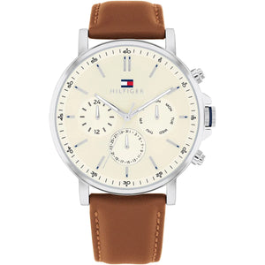 Tommy Hilfiger Tyson 1792143 men's watch silver case tan leather strap beige dial