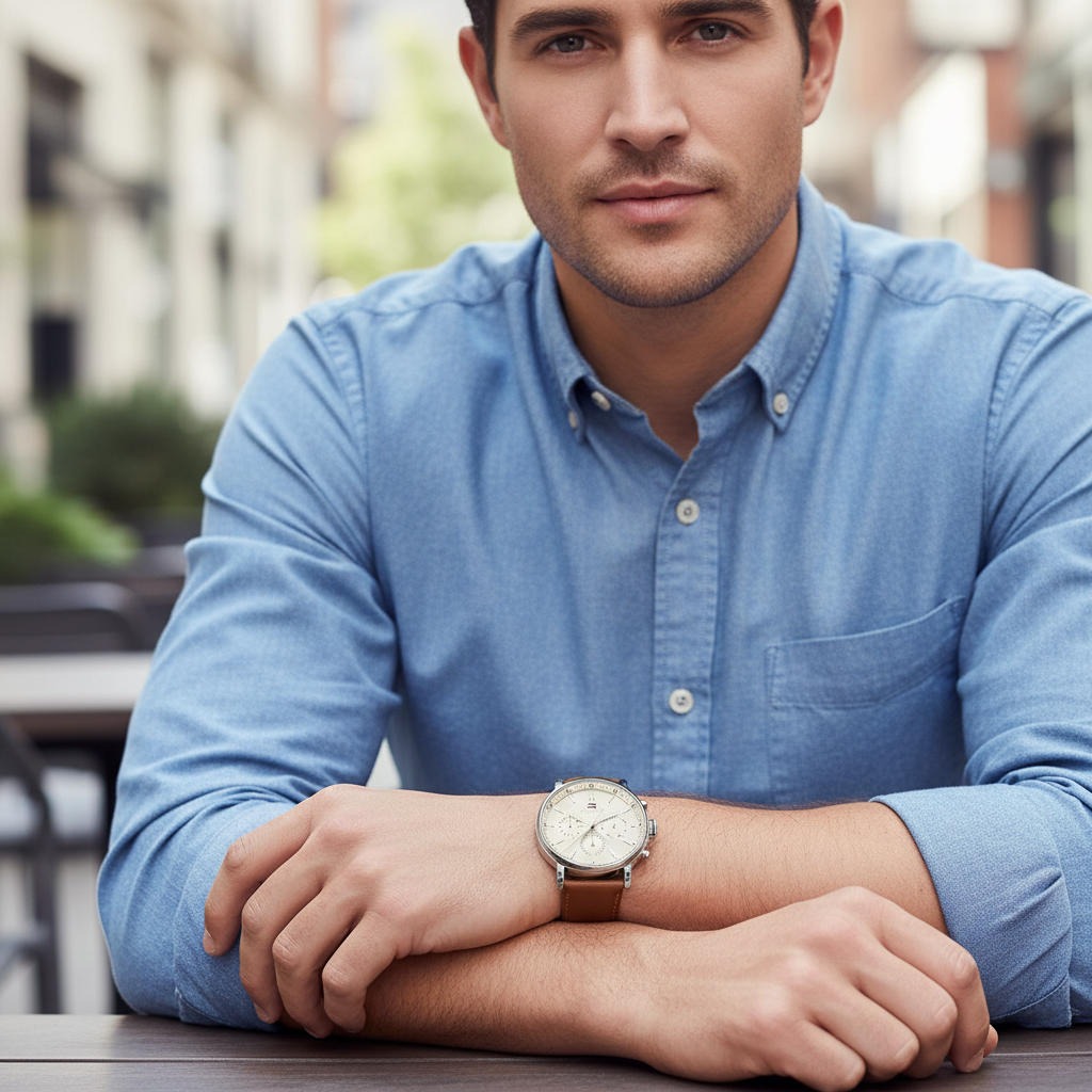 Man wearing elegant Tommy Hilfiger Tyson 1792143 watch with tan leather strap