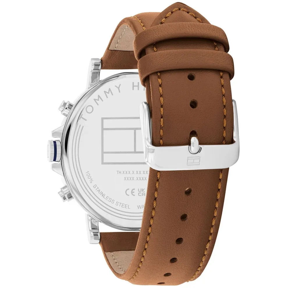 Profile view of Tommy Hilfiger Tyson showing case thickness and tan leather strap