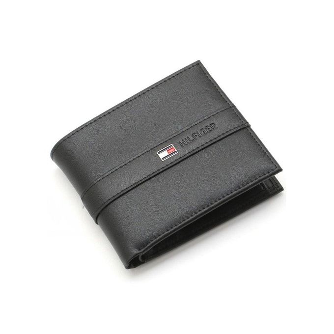 Angled front view of Tommy Hilfiger Black Wallet with Horizon Stripe