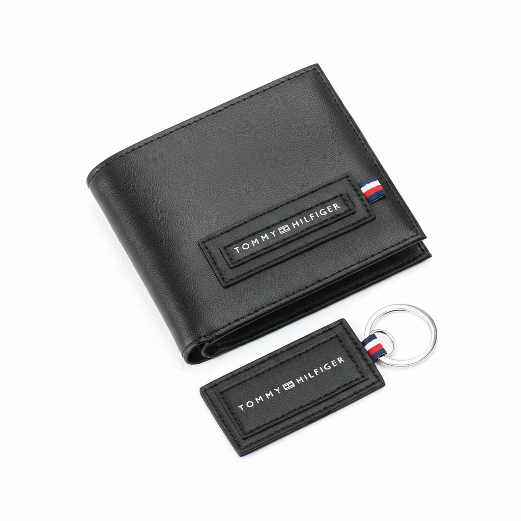 Fully open interior view of a Tommy Hilfiger men's black leather wallet showcasing card slots, a snap-button coin pocket, and a central spine featuring a red and blue 'H' monogram pattern