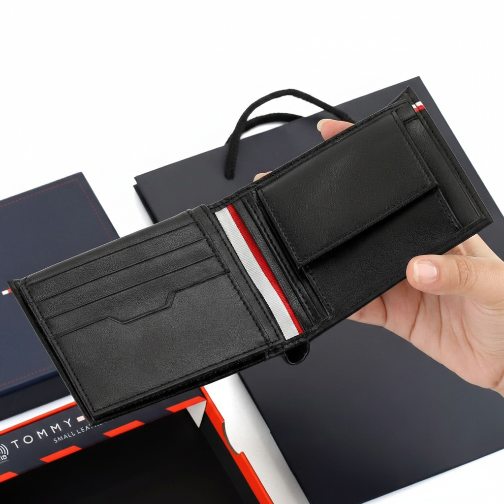 Interior view of Tommy Hilfiger Black Wallet showing coin pocket, card slots, and signature tricolor spine