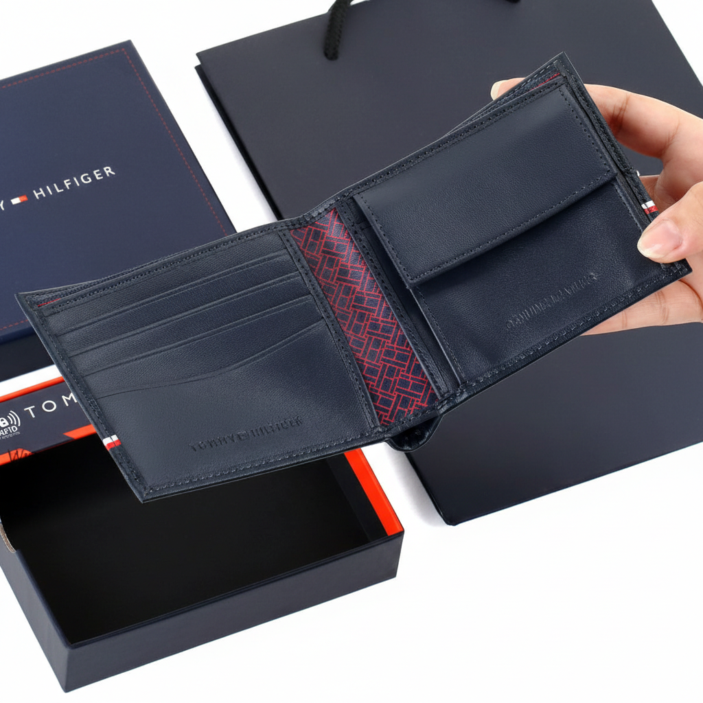 Interior view of Tommy Hilfiger Navy Wallet showing coin pocket and branded details