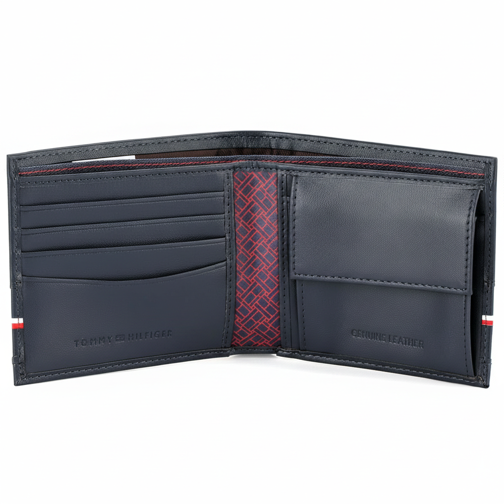 Interior view of Tommy Hilfiger Navy Wallet showing coin pocket and branded details
