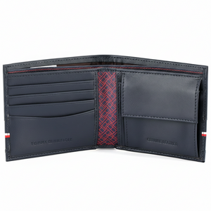 Interior view of Tommy Hilfiger Navy Wallet showing coin pocket and branded details