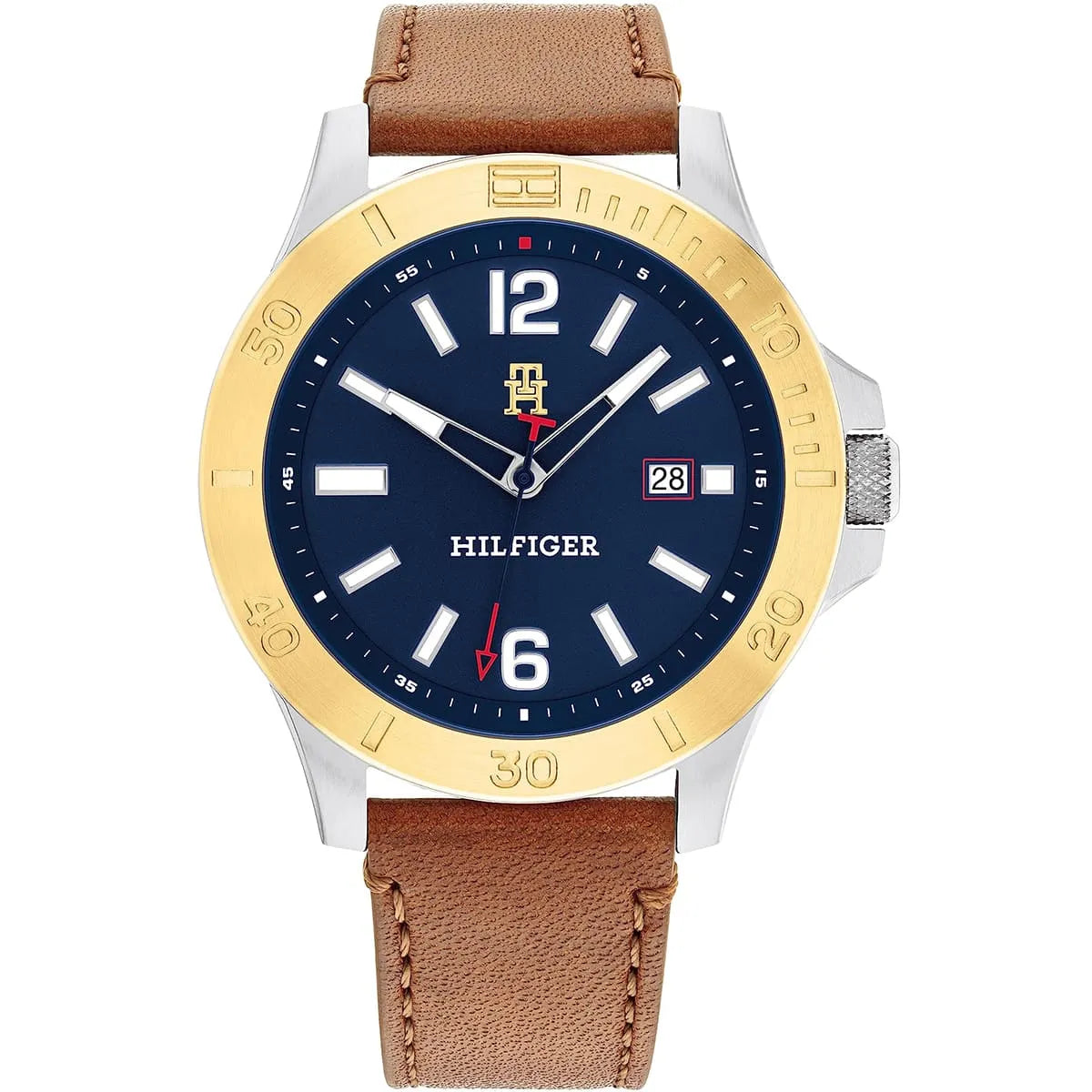 Tommy Hilfiger West 1710529 men's watch two-tone silver gold case brown leather strap