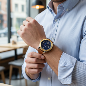 Man wearing bold two-tone Tommy Hilfiger West 1710529 watch with leather strap