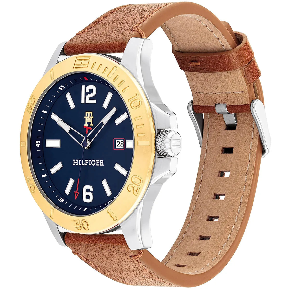 Right side view of Tommy Hilfiger 1710529 showing silver case and gold-tone crown