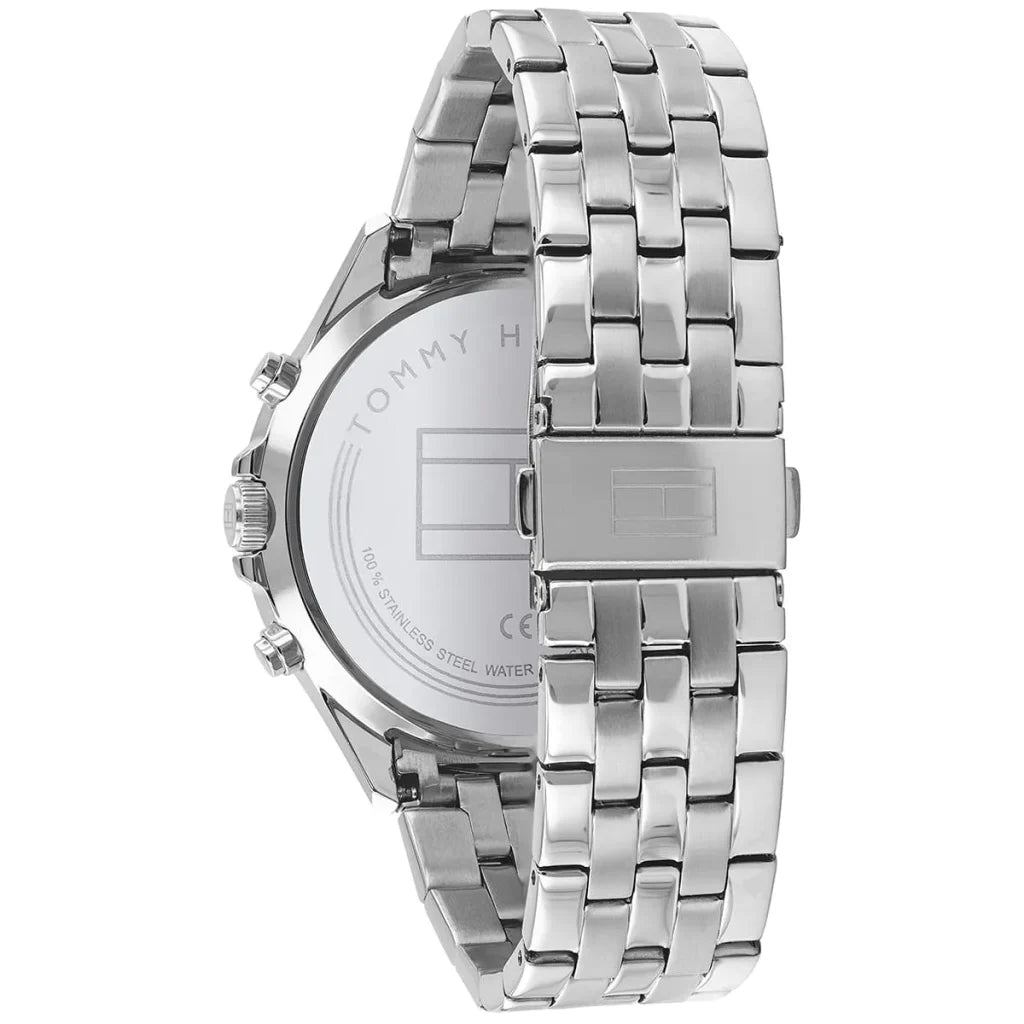 Angled shot highlighting the silver stainless steel bracelet of Tommy Hilfiger 1791707
