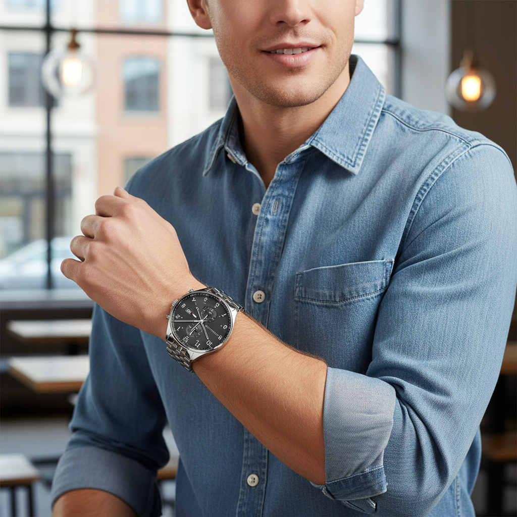 Man wearing executive Tommy Hilfiger West 1791707 watch with silver steel bracelet