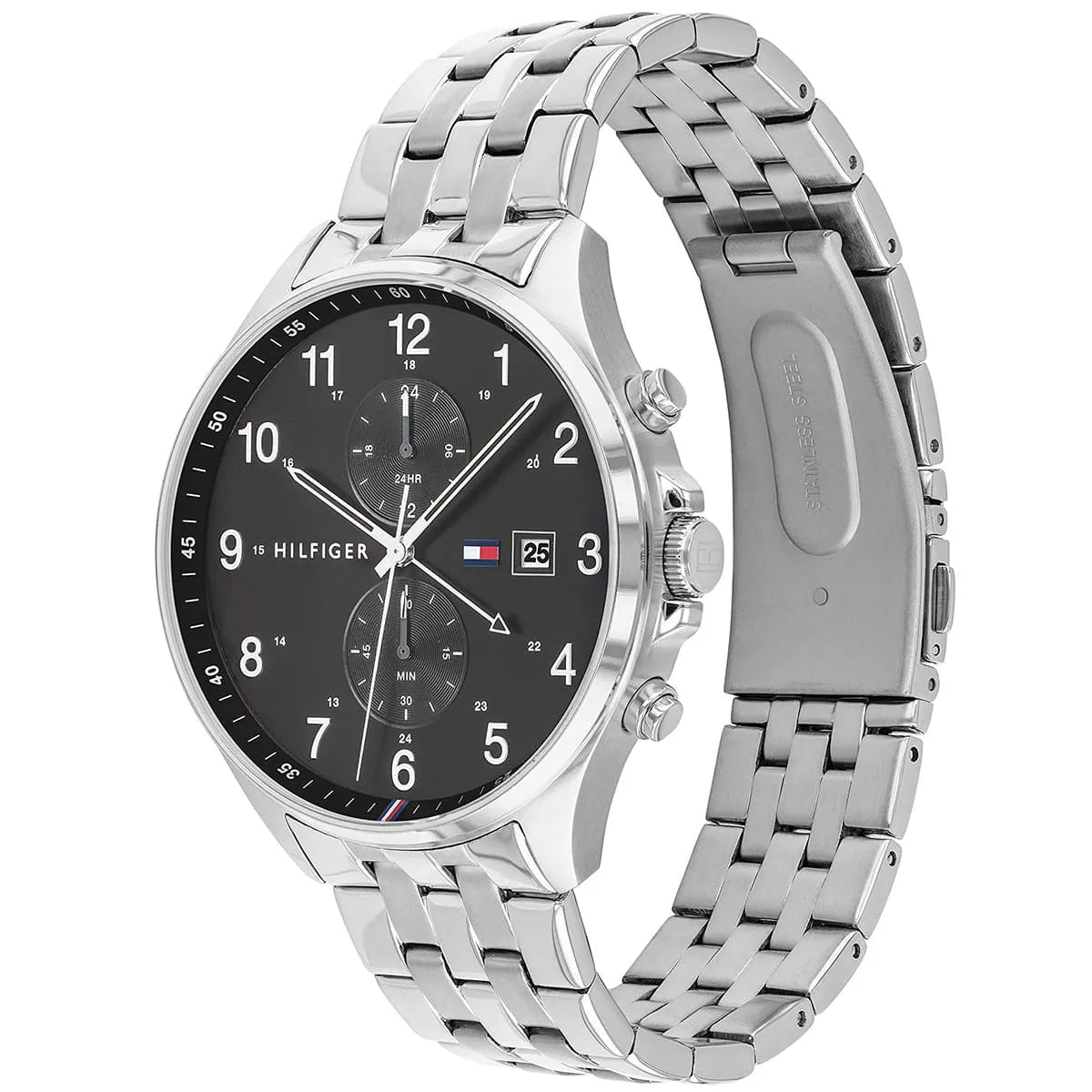 Right side view of Tommy Hilfiger 1791707 showing silver stainless steel case and pushers