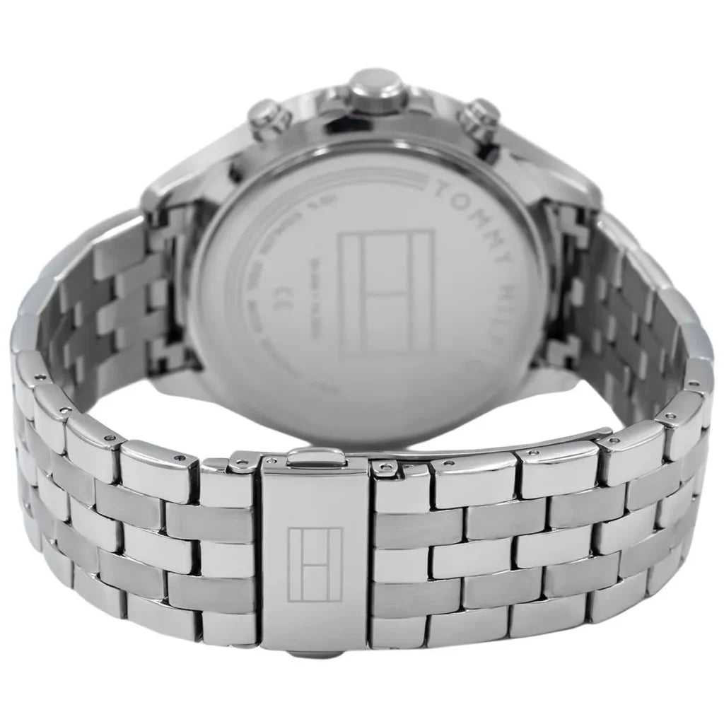 Profile view of Tommy Hilfiger West showing case thickness and five-link bracelet