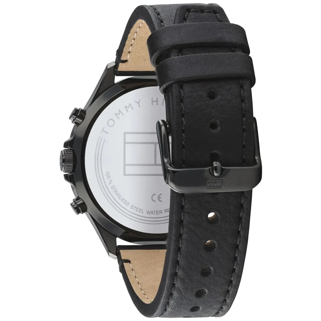 Profile view of Tommy Hilfiger West showing case thickness and black leather strap
