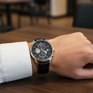Close up of black dial and skeleton mechanical sub-dials of Tommy Hilfiger 1710502