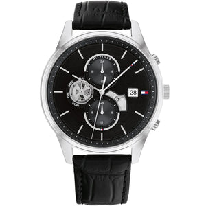 Tommy Hilfiger Weston 1710502 men's watch silver case black leather black dial