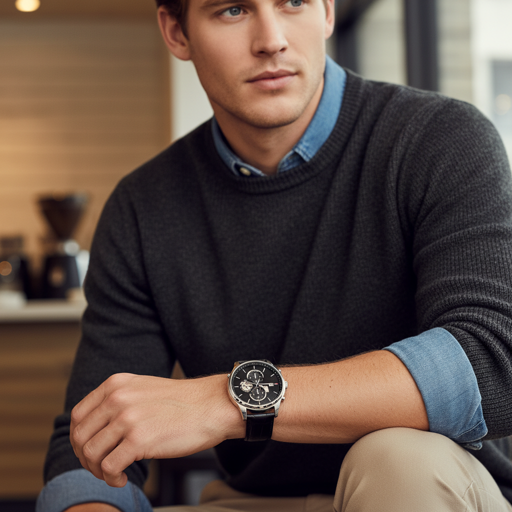 Man wearing elegant Tommy Hilfiger Weston 1710502 watch with black leather strap