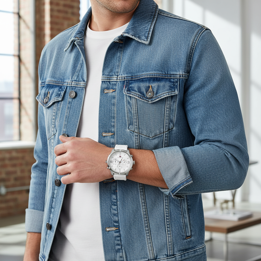 Man wearing sporty Tommy Hilfiger Wild 1792072 watch with white rubber strap